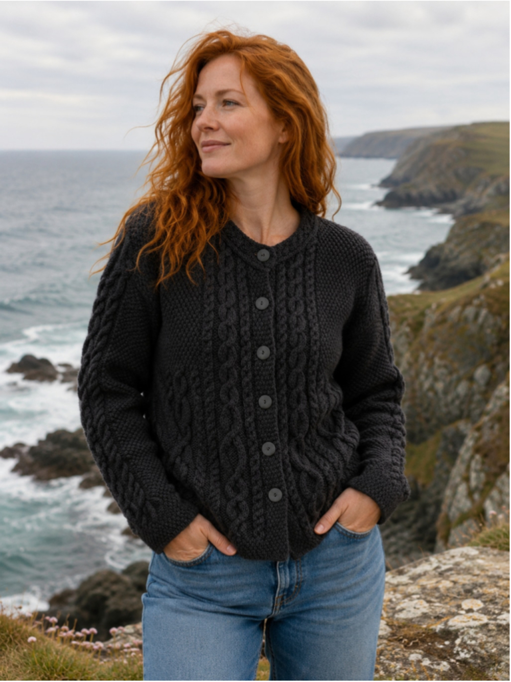 Women's Inis Crafts Merino Wool Cable Knit Cardigan Black Size M